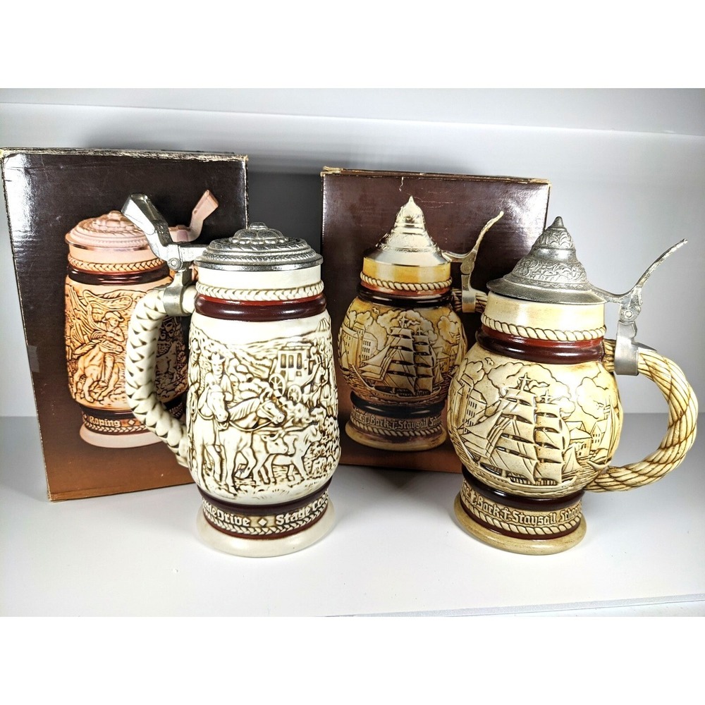 Vintage Avon Ceramic Beer Steins Western Round Up & Tall Ships Set of 2 with Box